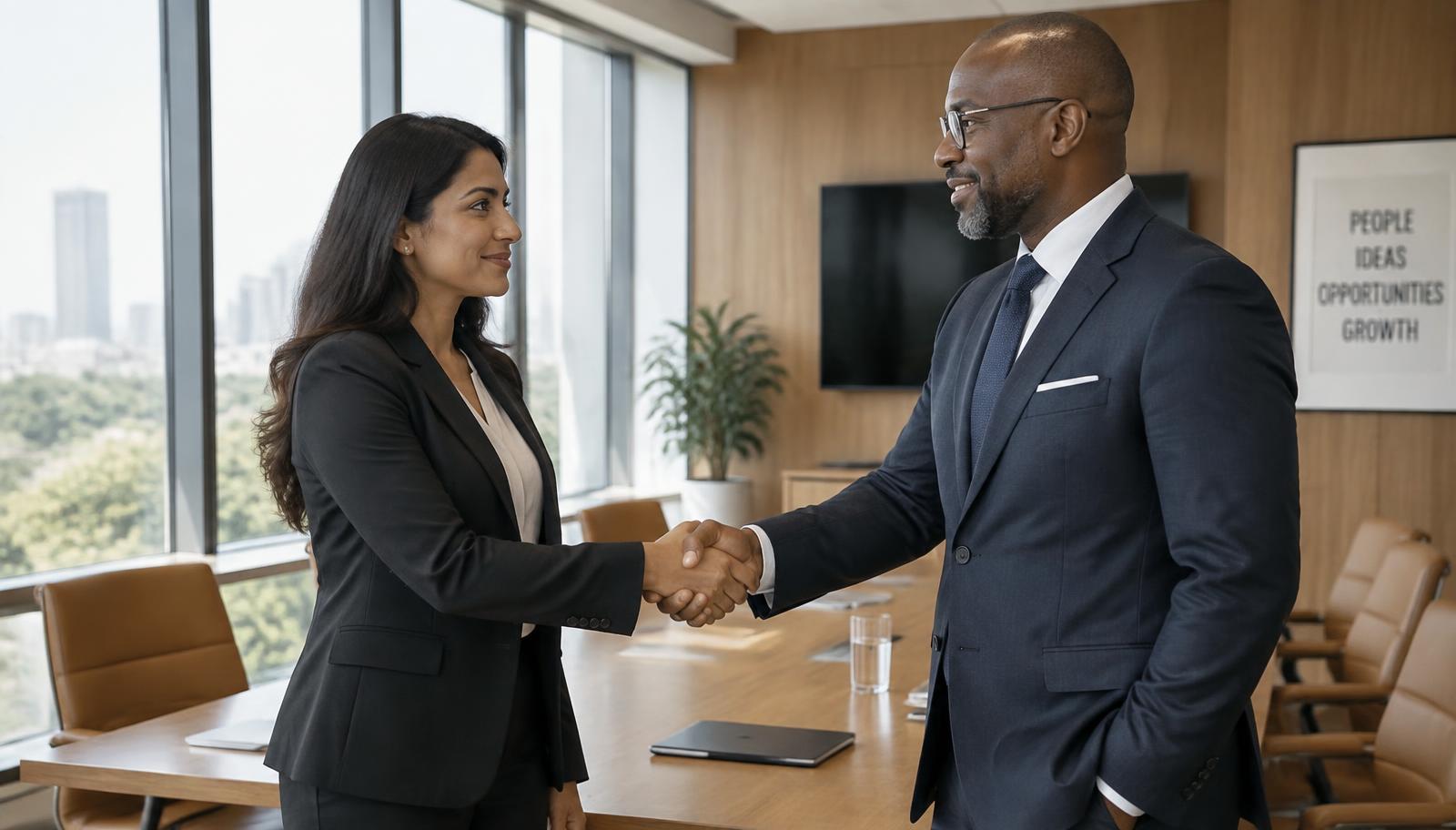 Two business leaders shaking hands in a bright boardroom
