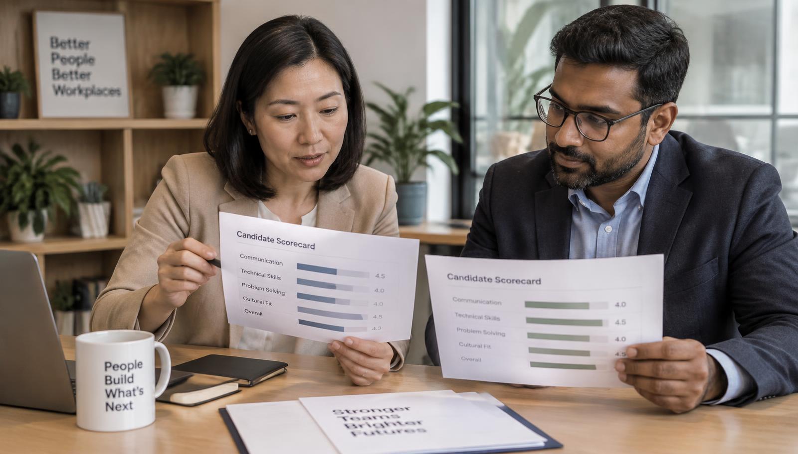 Two hiring leaders reviewing candidate evidence together